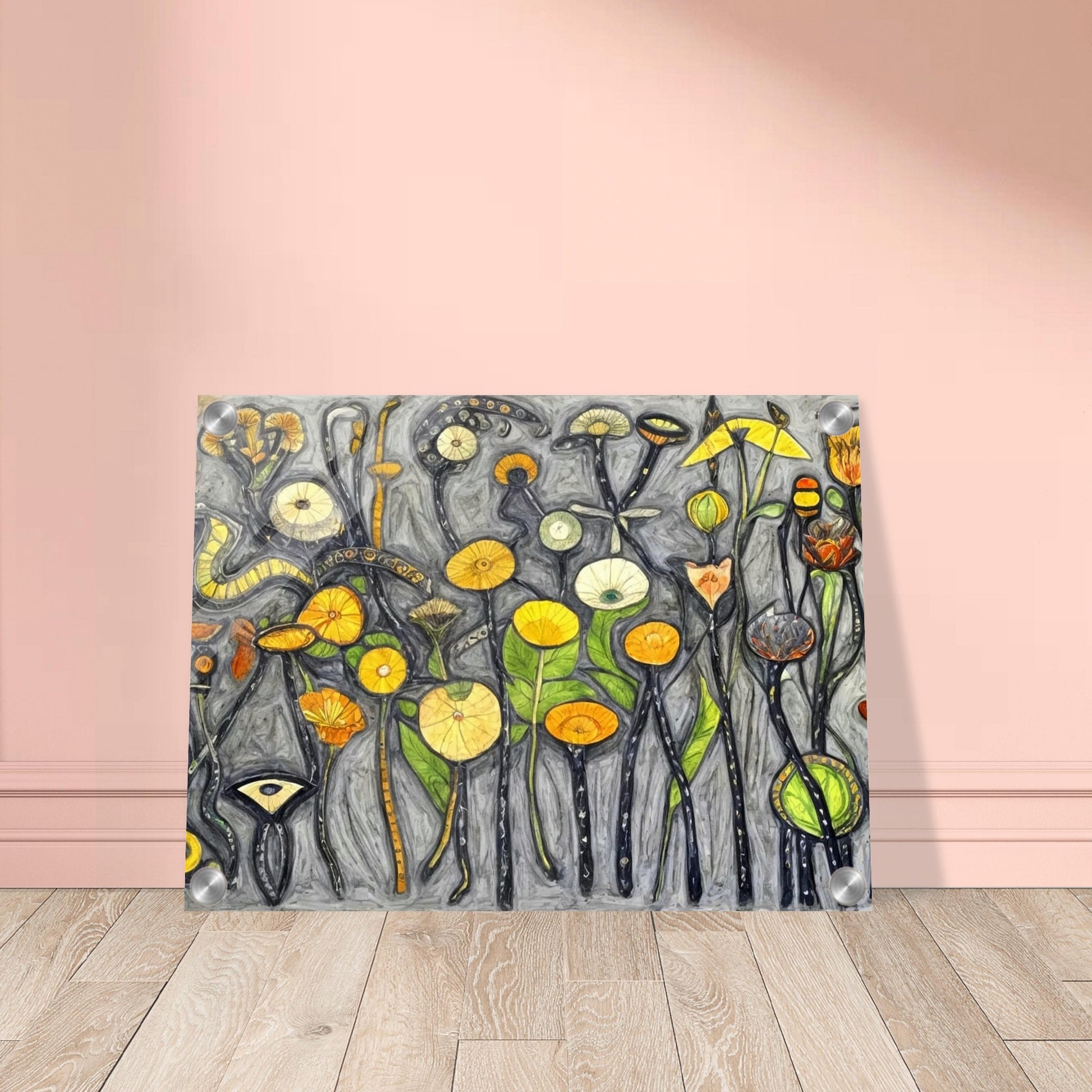 A whimsical painting of abstract flowers and plants in vibrant shades of yellow, orange, and green, set against a textured gray background.