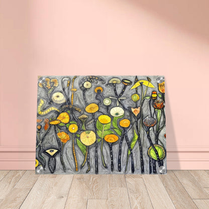 A whimsical painting of abstract flowers and plants in vibrant shades of yellow, orange, and green, set against a textured gray background.