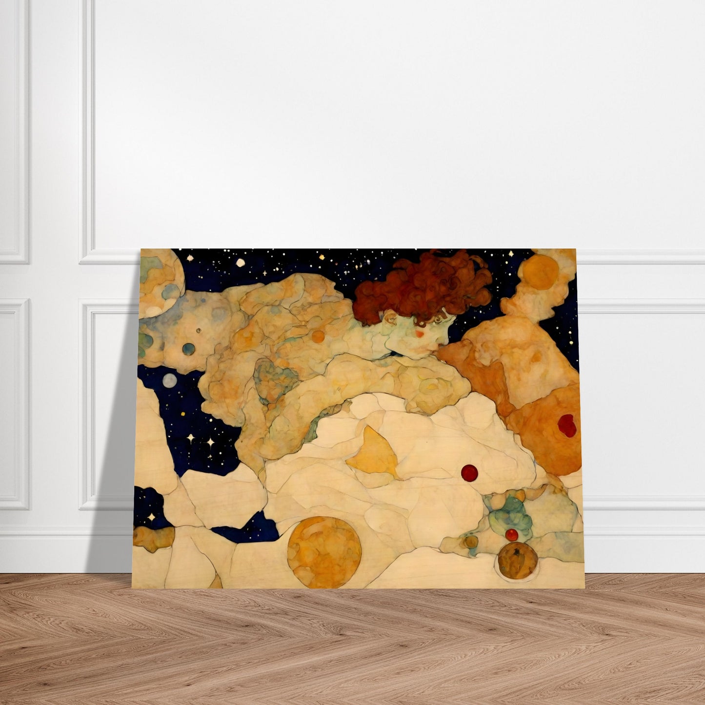 A surreal celestial painting featuring a dreamy figure floating among cosmic clouds, planets, and a starry night sky in soft golden hues.