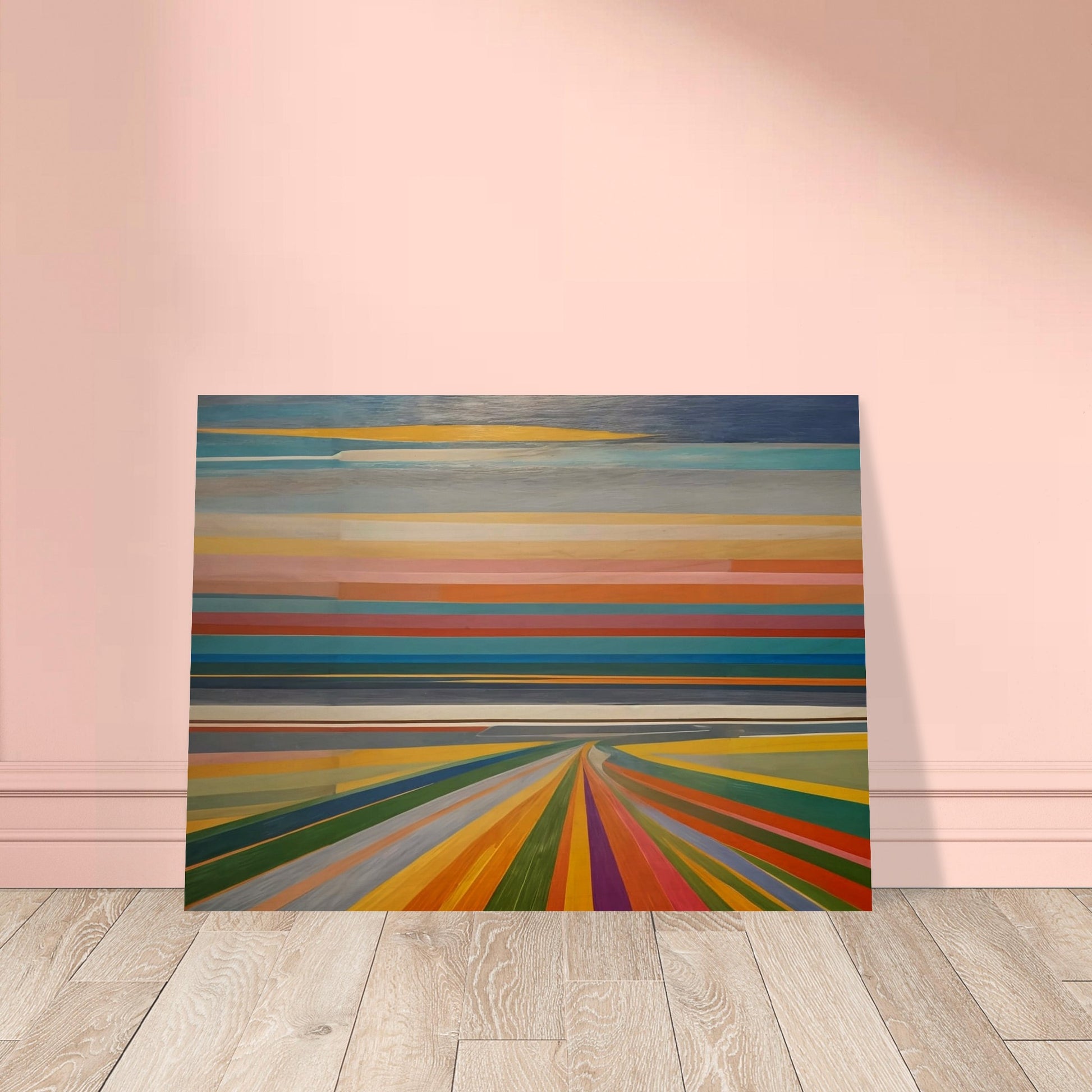 Abstract painting featuring horizontal bands of various colors, resembling a vibrant horizon and colorful road leading into the distance.