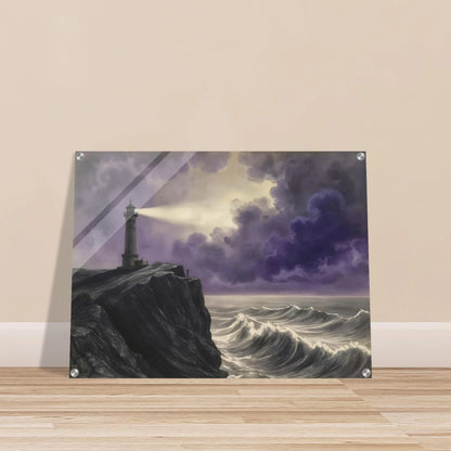 A solitary lighthouse casts its beam through storm-darkened violet clouds above crashing ocean waves against a rugged cliff.