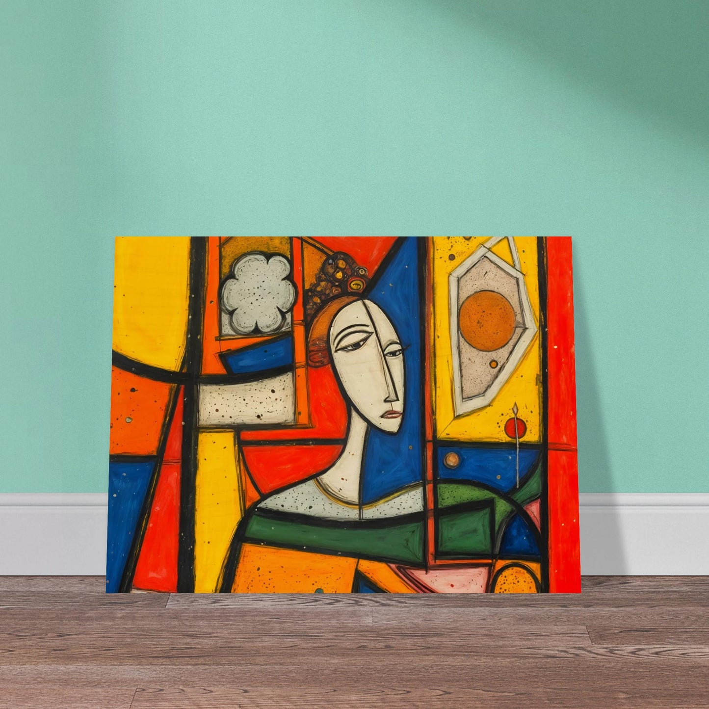 A bold cubist portrait of a woman framed by vivid red, yellow, blue, and green panels with striking geometric forms.