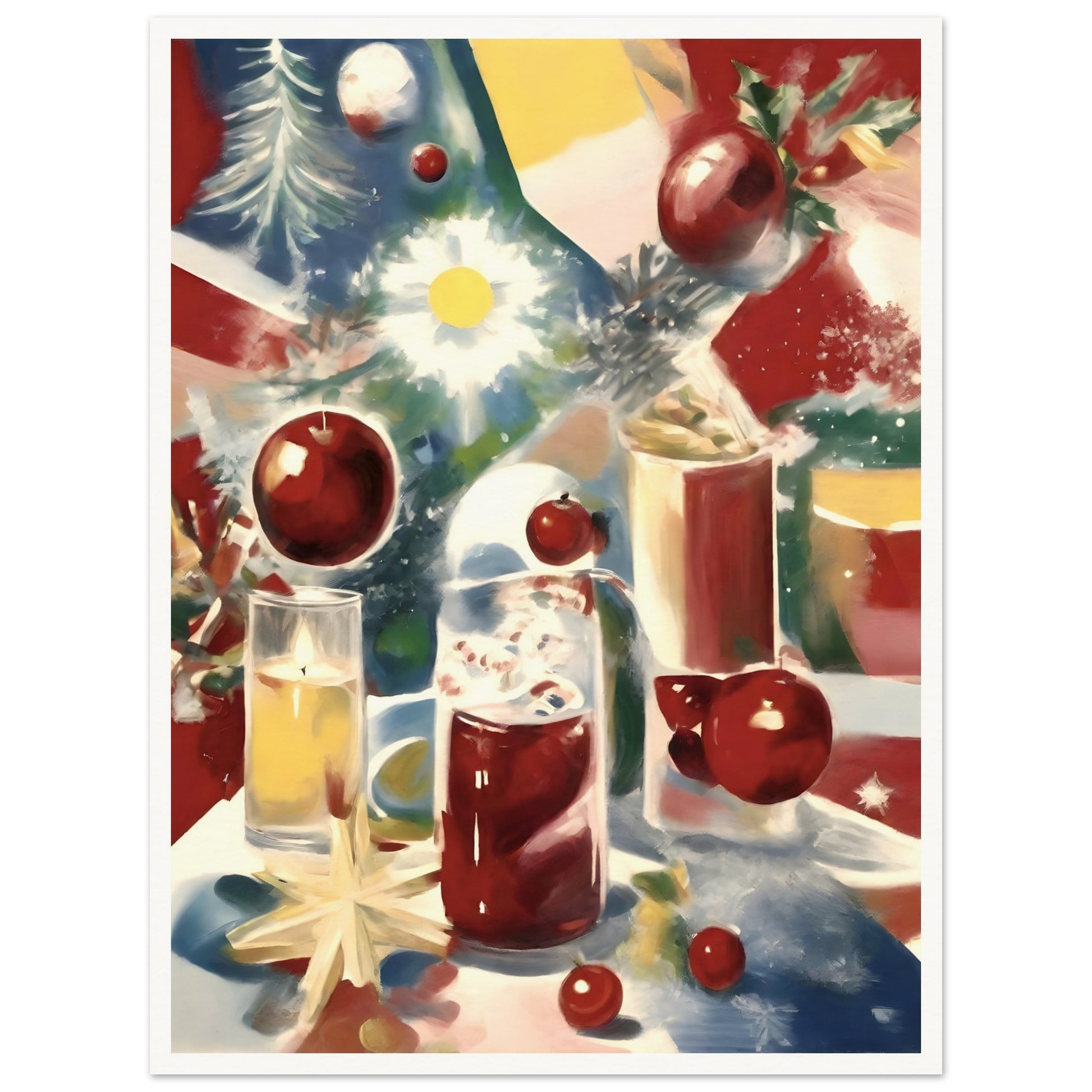 A festive still life featuring glasses of holiday drinks, vibrant red ornaments, holly leaves, and glowing candles on a colorful background.

