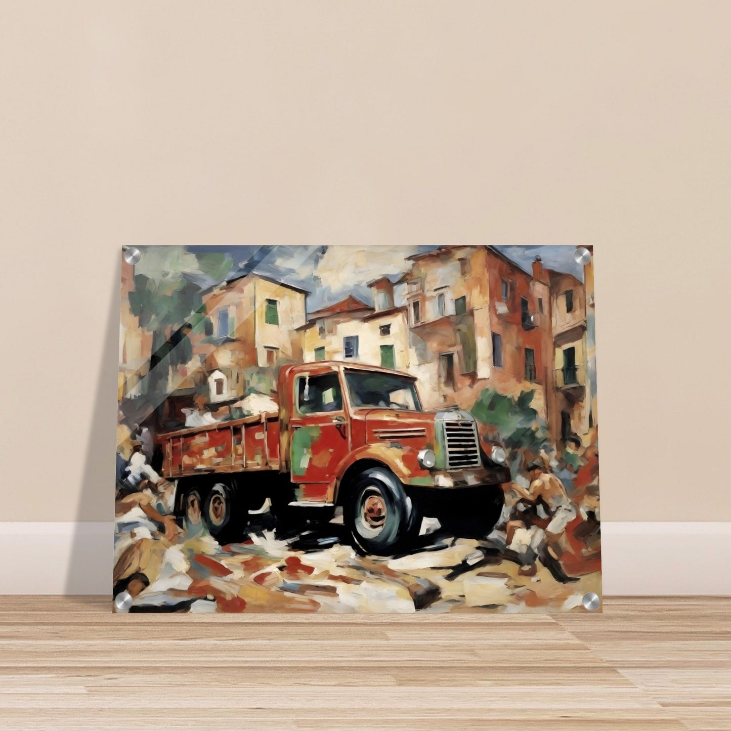 A vibrant painting of a red vintage truck set against an old town backdrop, with earthy tones and dynamic painterly strokes.