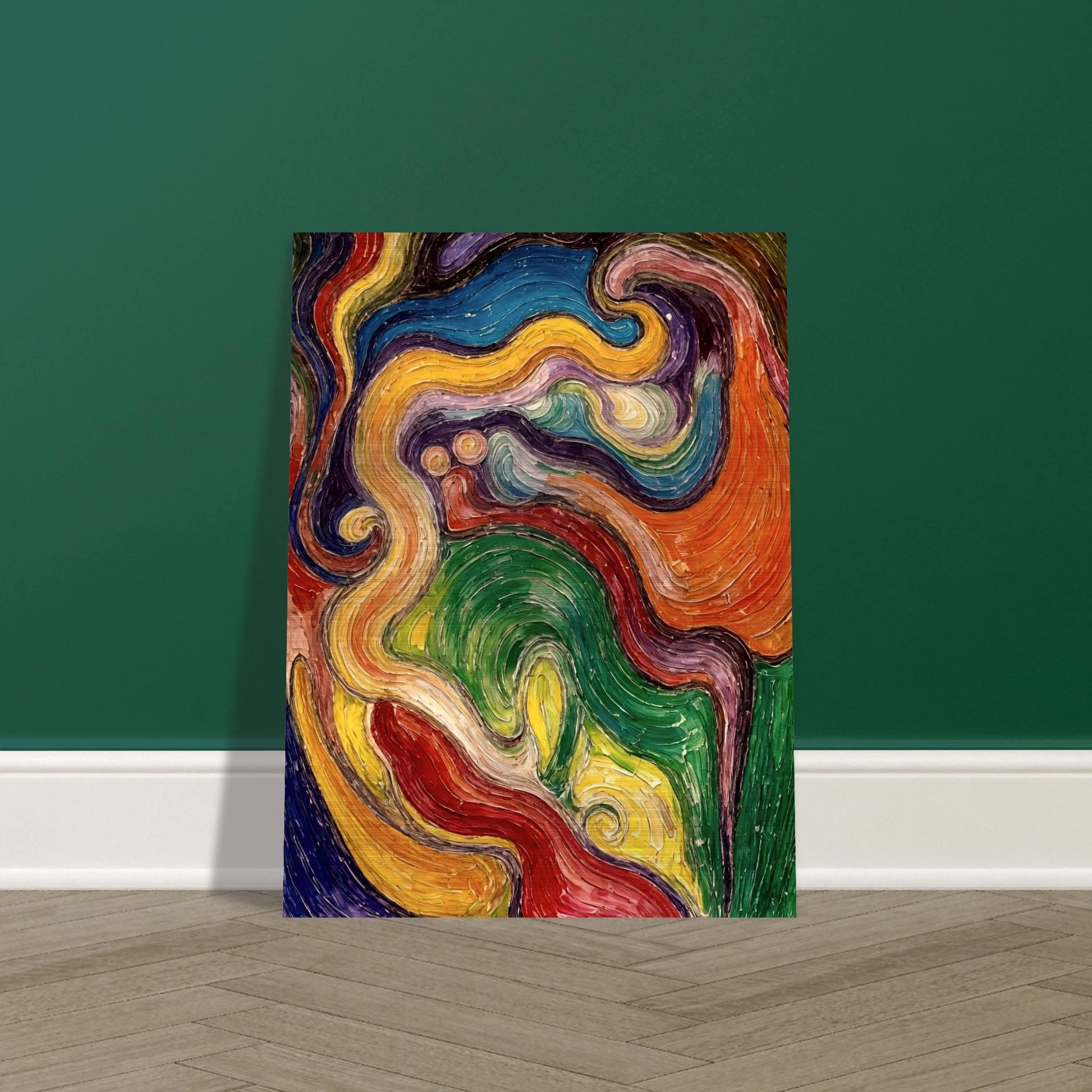 Lively spiral strokes in red, green, yellow, and blue twist and merge, forming a textured, flowing visual dialogue.