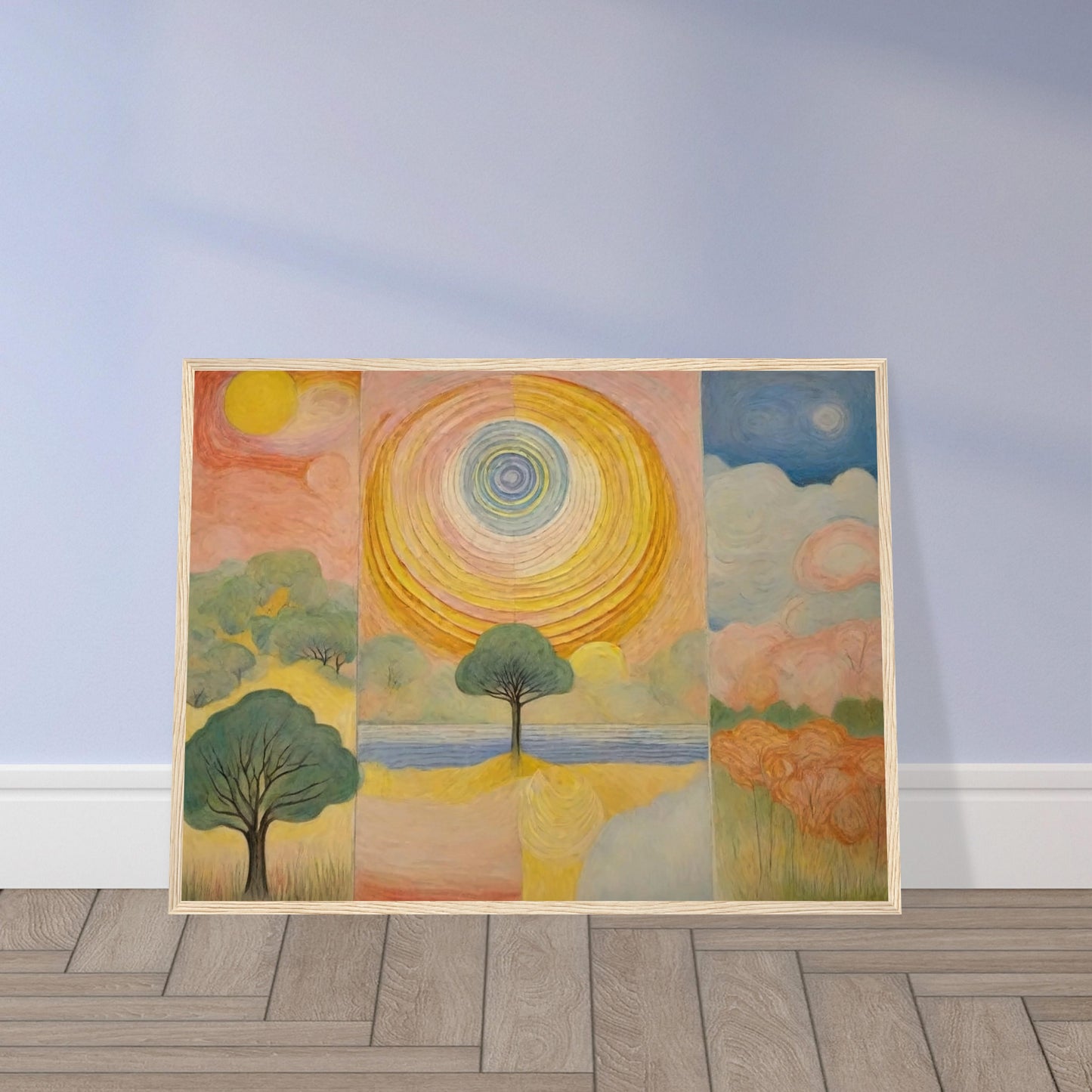 A vibrant painting featuring a large sun at the center, surrounded by abstract trees and colorful landscapes on either side.