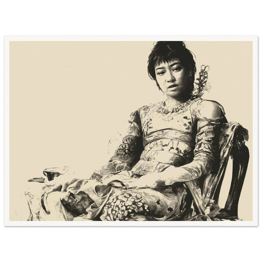 A vintage-style sepia portrait of a seated woman in ornate, intricate clothing, exuding calm grace and poise, captured with a soft, timeless aesthetic.