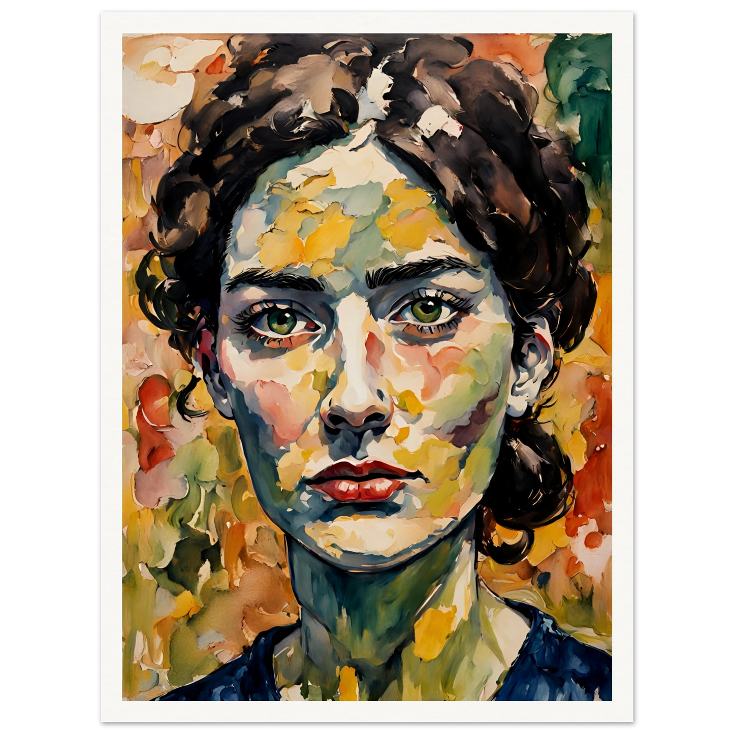 A vibrant portrait of a woman with deep green eyes, expressive red lips, and a textured face blending warm autumn hues in bold brushstrokes.
