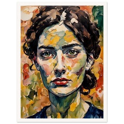 A vibrant portrait of a woman with deep green eyes, expressive red lips, and a textured face blending warm autumn hues in bold brushstrokes.