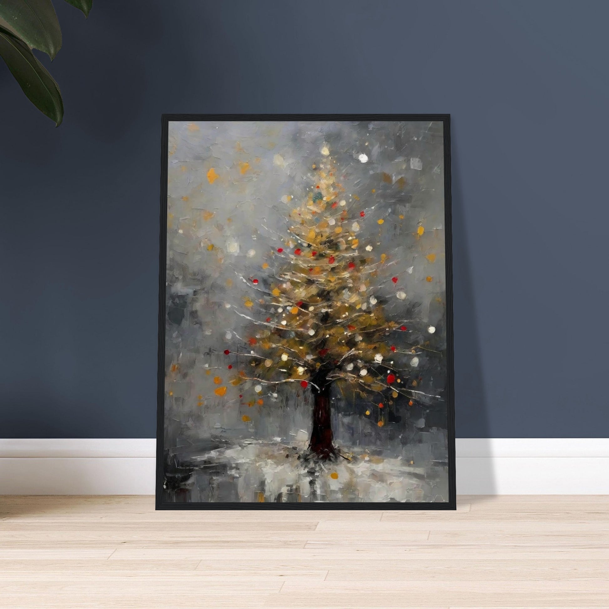 A serene painting of a Christmas tree glowing with golden and red lights, set against a misty gray background and a snowy base.