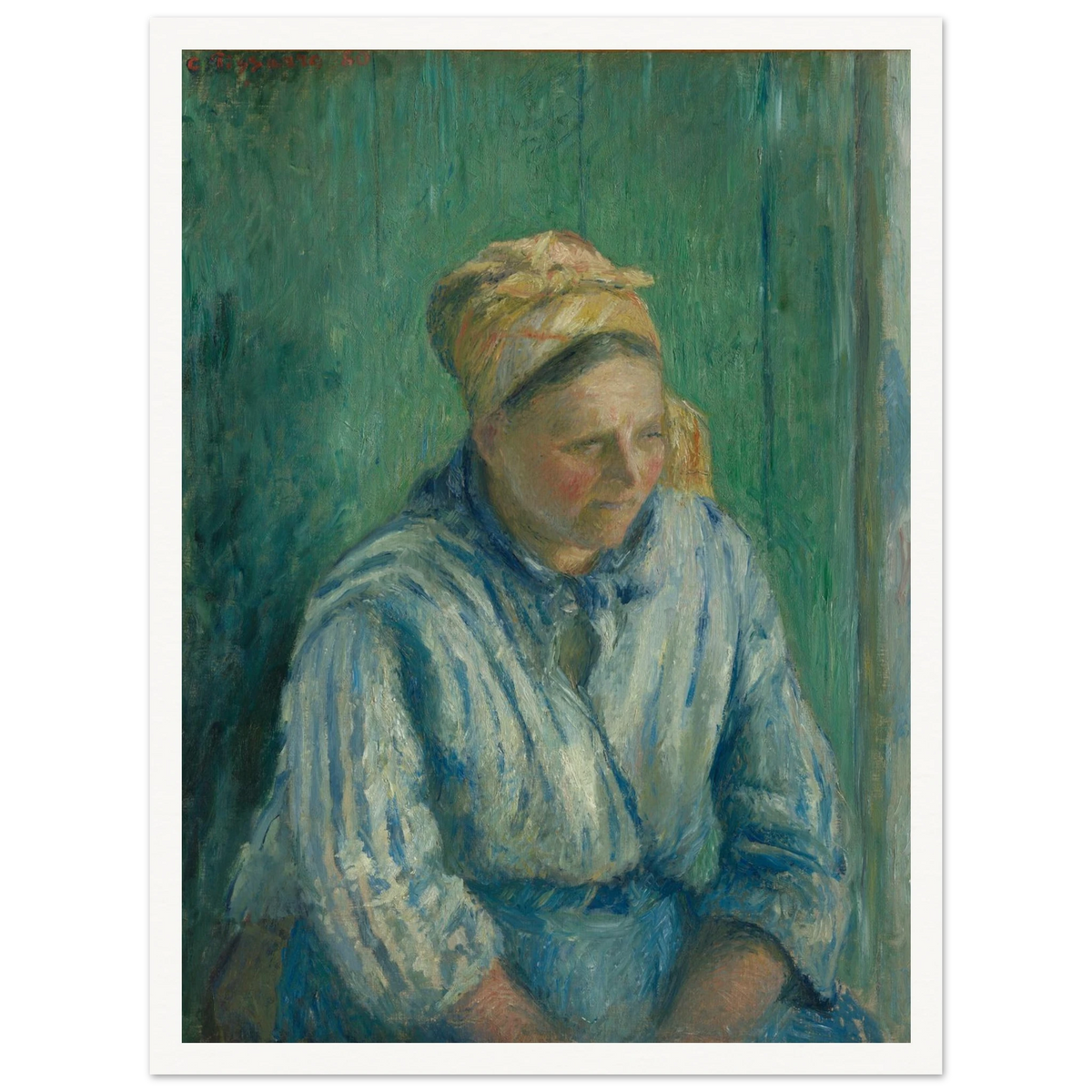 A seated washerwoman in a striped blue blouse and headscarf rests against a deep green background.