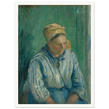 A seated washerwoman in a striped blue blouse and headscarf rests against a deep green background.