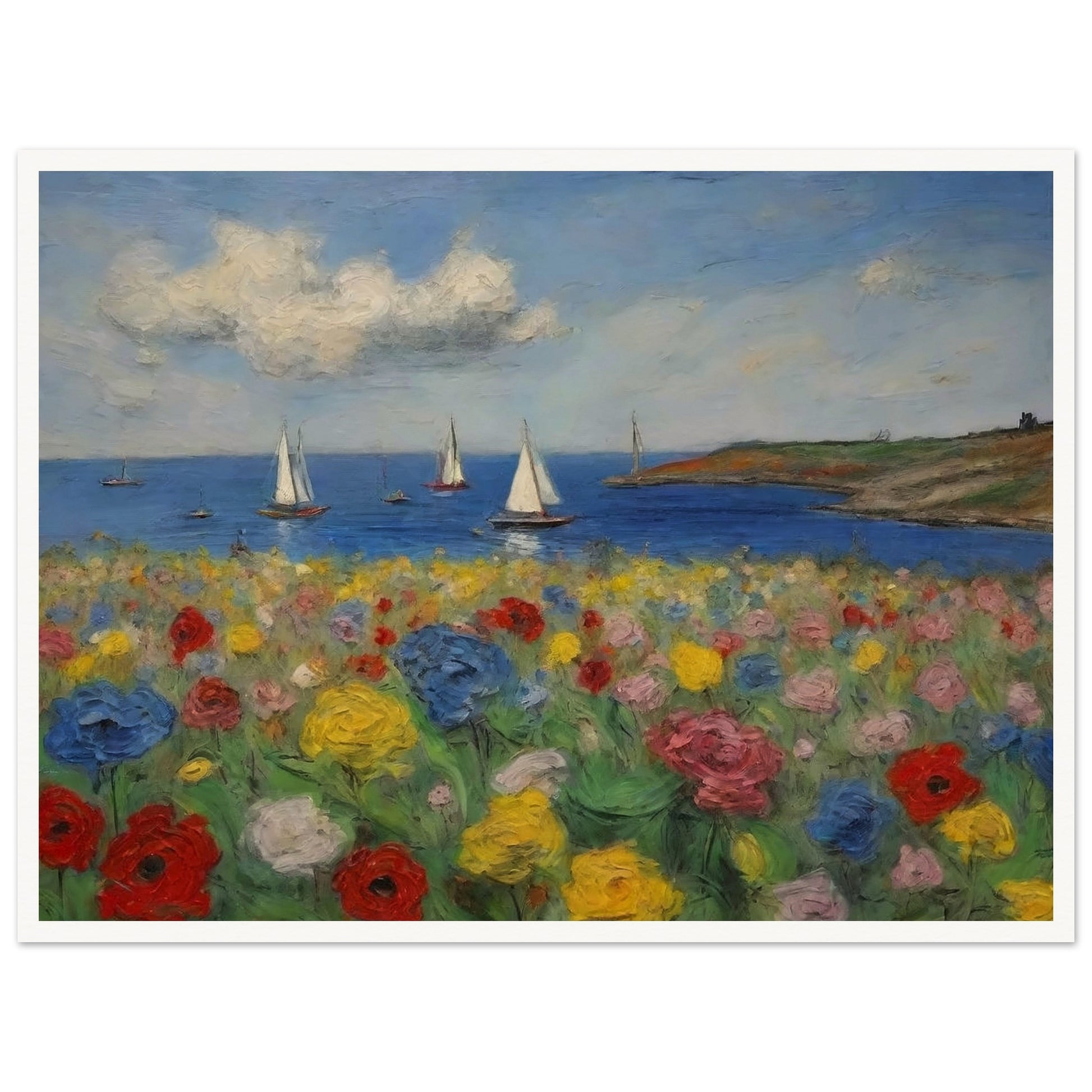 A vibrant painting of colorful flowers in the foreground with sailboats on the calm sea and a scenic coastline in the background.