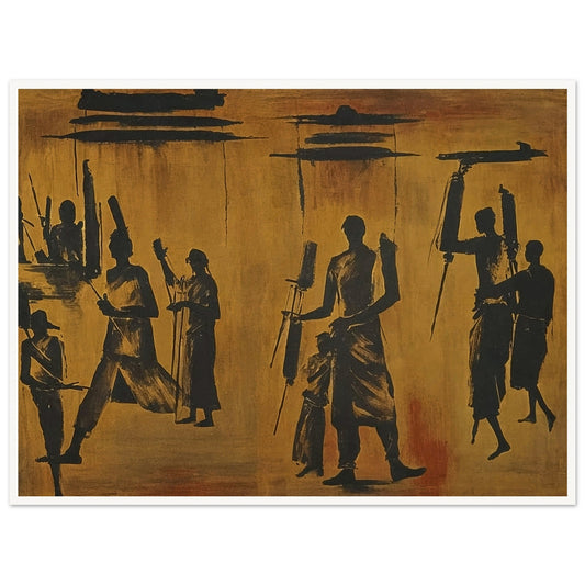 A painting of dark silhouettes of people in motion against a warm, textured background, evoking a sense of movement and rhythm.