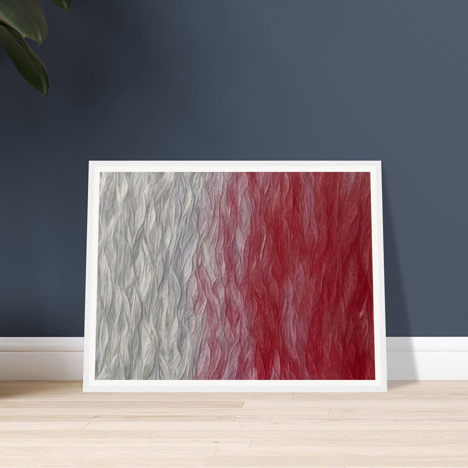 Soft textured waves shifting from pale gray to deep crimson, creating a mesmerizing gradient with rippling patterns.