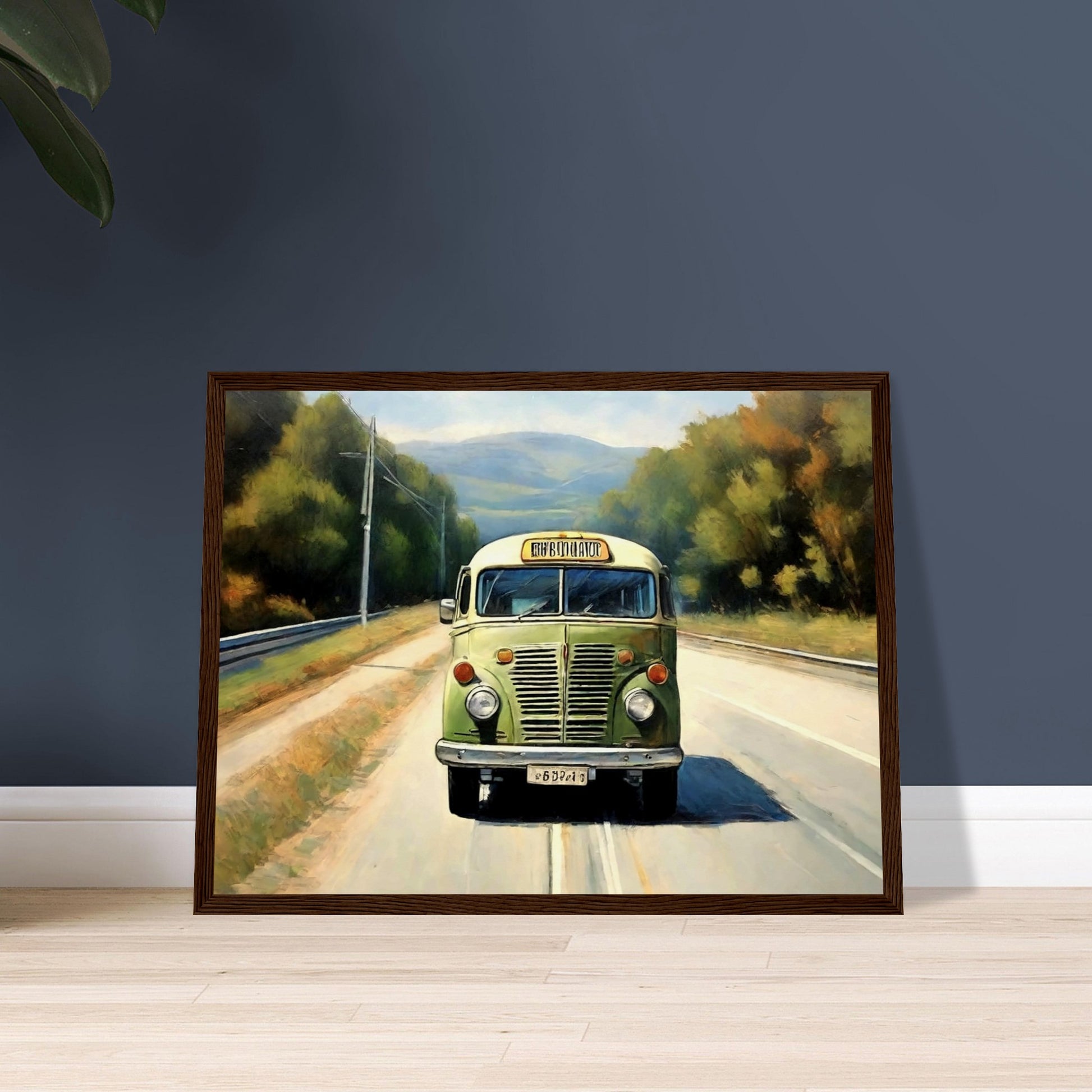 "A nostalgic painting of a vintage green bus traveling on a peaceful countryside road, surrounded by trees and distant hills."