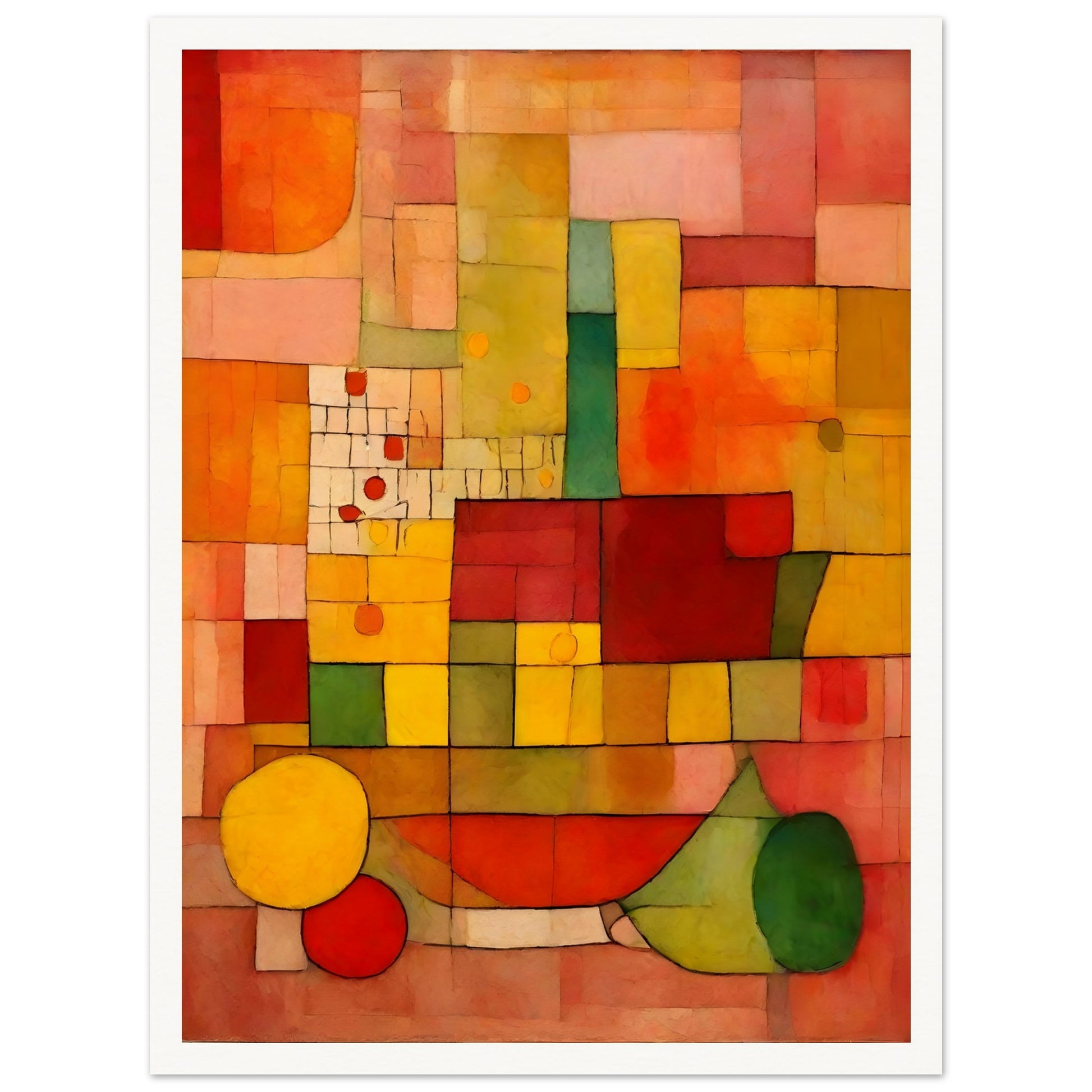 A warm-toned geometric composition with a grid of red, orange, yellow, and green shapes, creating a dynamic mosaic of color and texture.