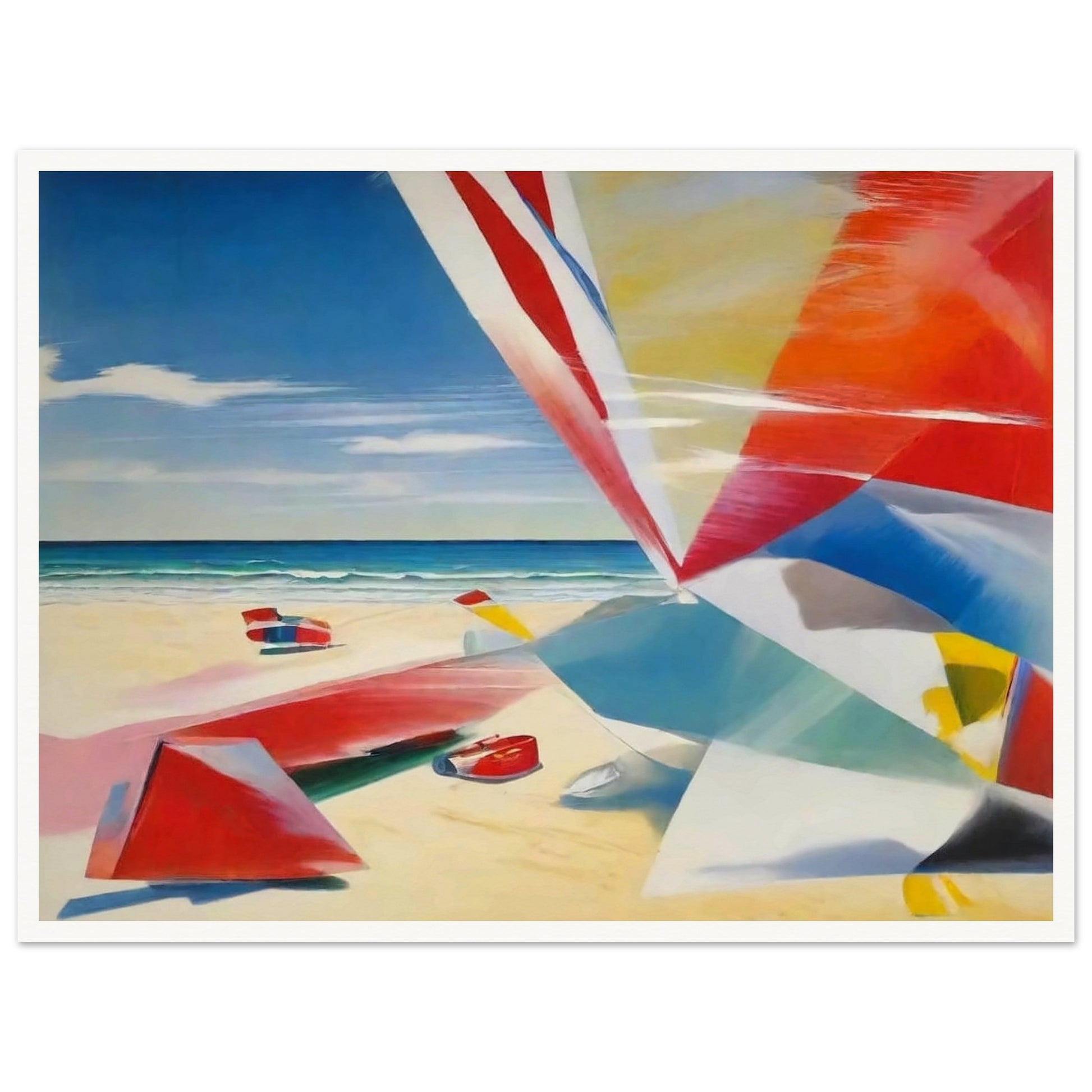 "A colorful beach scene with abstract geometric shapes in red, blue, and yellow on the sand, with a clear sky and calm ocean."