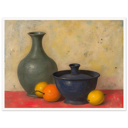 Blue and green ceramic vessels rest on a red surface beside lemons and an orange, against a softly textured neutral wall.