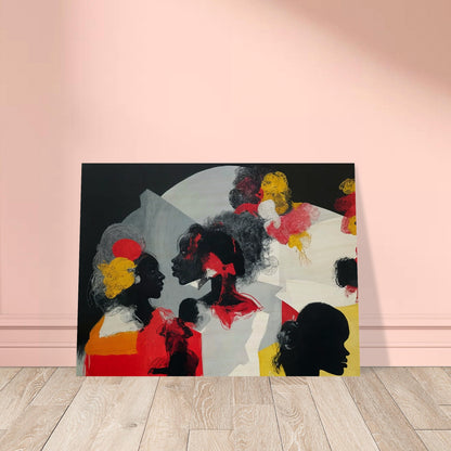 An expressive painting featuring silhouetted profiles of women with colorful abstract accents against a dark background.