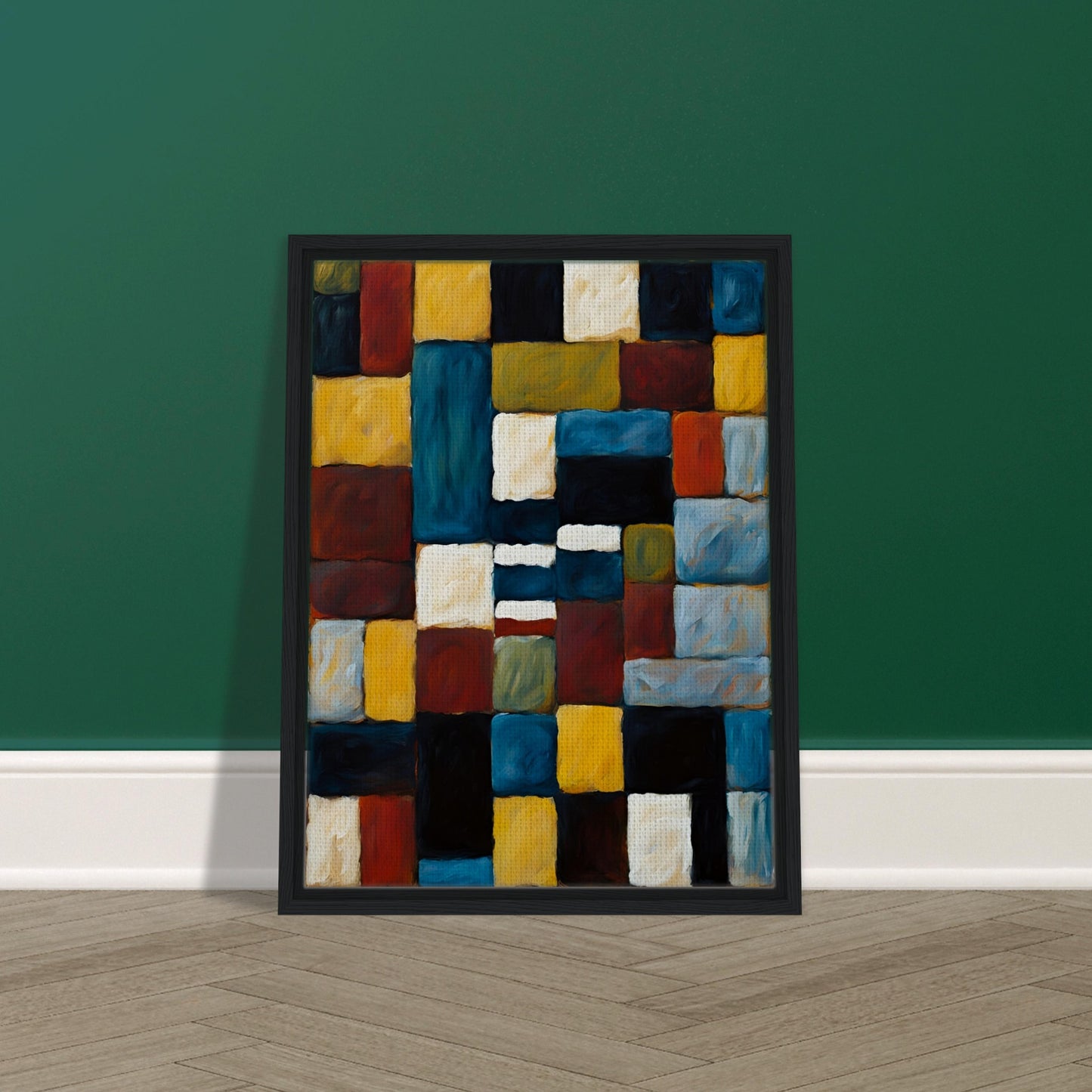A rich, textured geometric painting featuring interlocking squares and rectangles in deep blue, gold, red, and black, creating a bold composition.