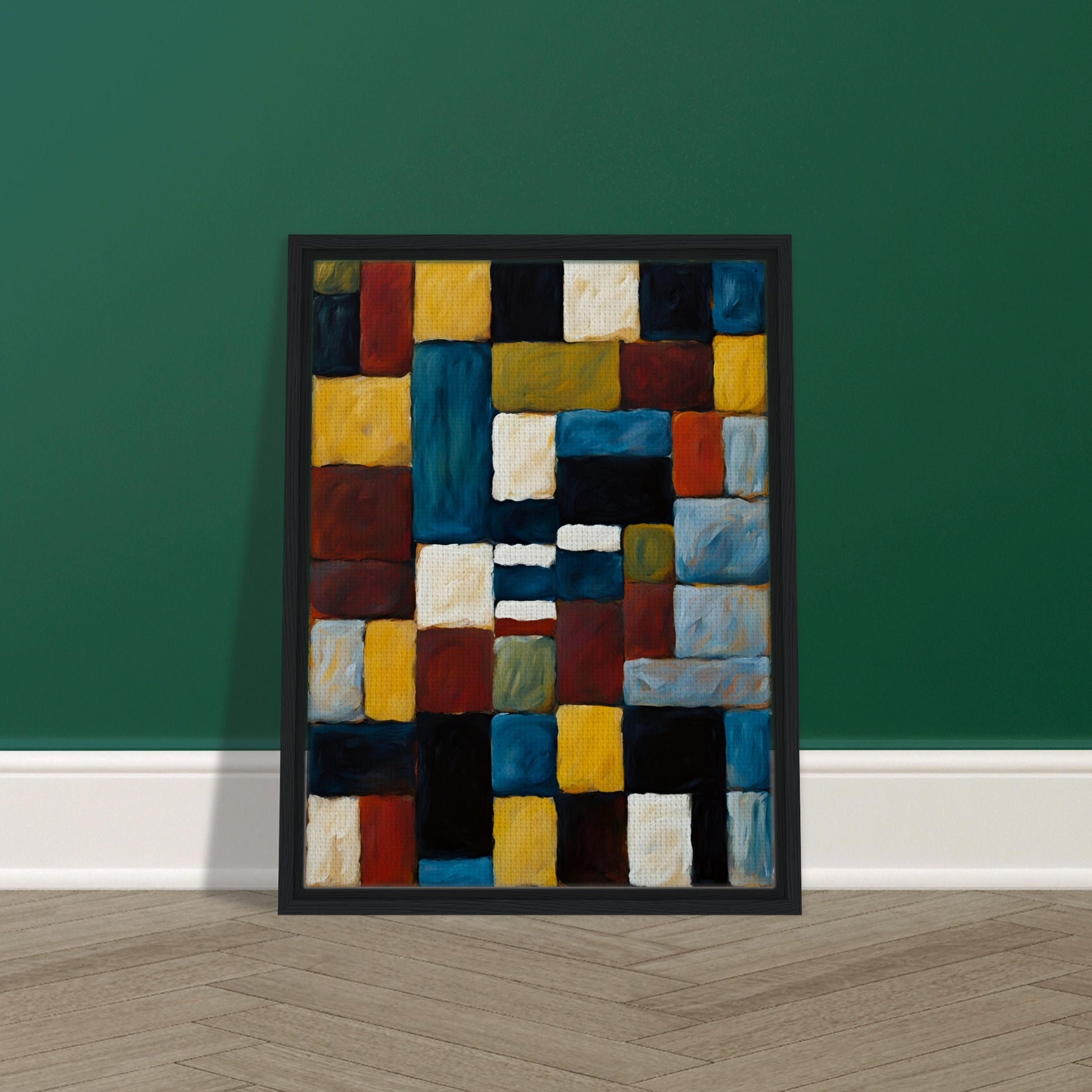 A rich, textured geometric painting featuring interlocking squares and rectangles in deep blue, gold, red, and black, creating a bold composition.