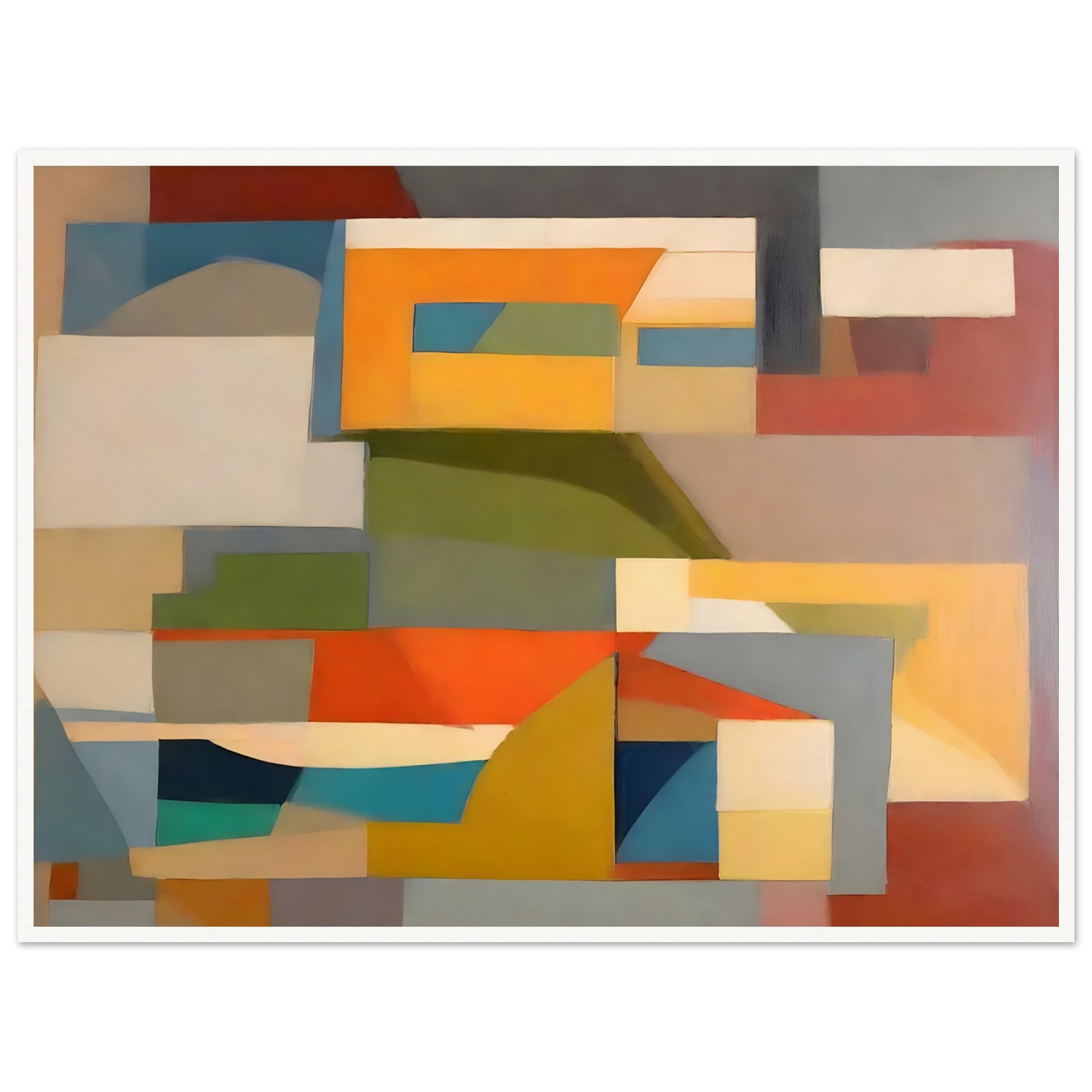 A geometric abstract painting with overlapping shapes in earthy tones of orange, yellow, green, blue, and beige, creating a harmonious composition.