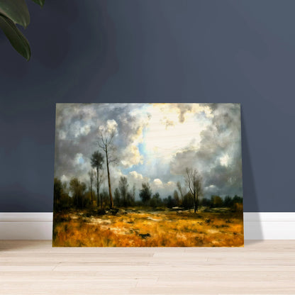 A dramatic meadow of golden grasses beneath towering storm clouds, where bright sunlight pierces through over sparse trees.