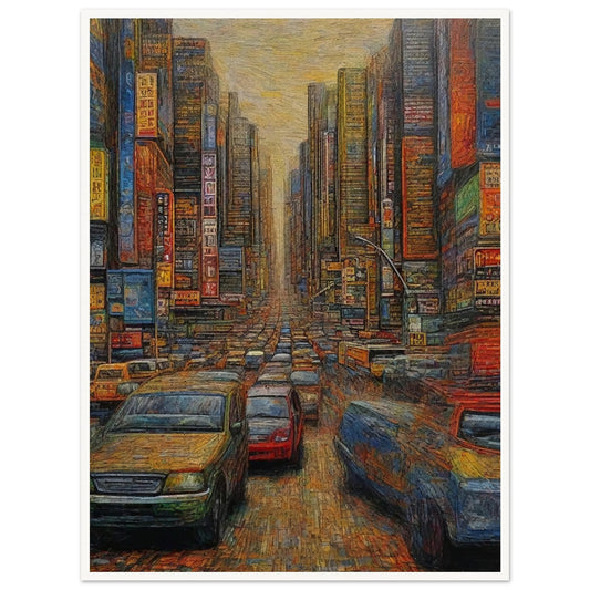 "A detailed painting of a busy urban street filled with cars and surrounded by towering skyscrapers, neon signs, and a warm, hazy sky overhead."