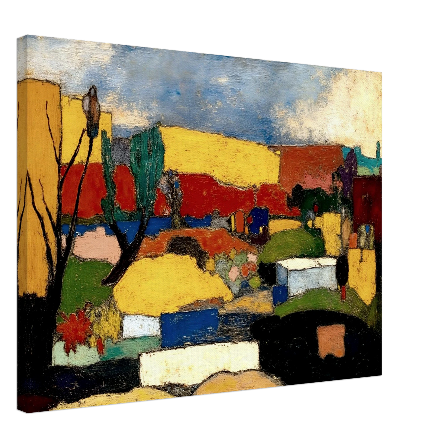 Colorful village nestled among rolling hills with bright rooftops, trees, and fields beneath a textured blue sky.