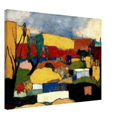 Colorful village nestled among rolling hills with bright rooftops, trees, and fields beneath a textured blue sky.