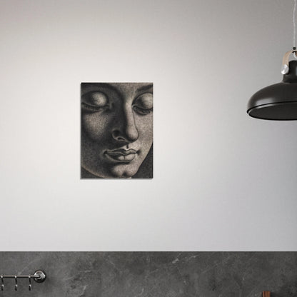 A contemplative monochrome portrait with lowered eyes and soft shadows evokes serenity, introspection, and timeless spiritual calm.