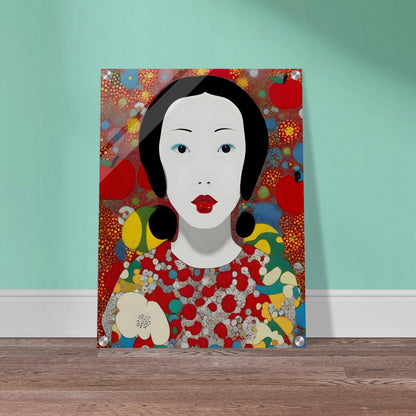 A stunning portrait of a woman with striking red lips and black hair, surrounded by vibrant abstract patterns of red, yellow, and blue.