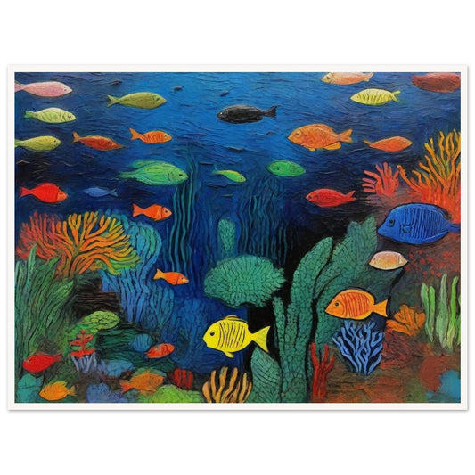 "A vivid painting of a vibrant underwater coral reef, teeming with colorful fish of various shapes and sizes swimming amidst the lush marine plants and coral."