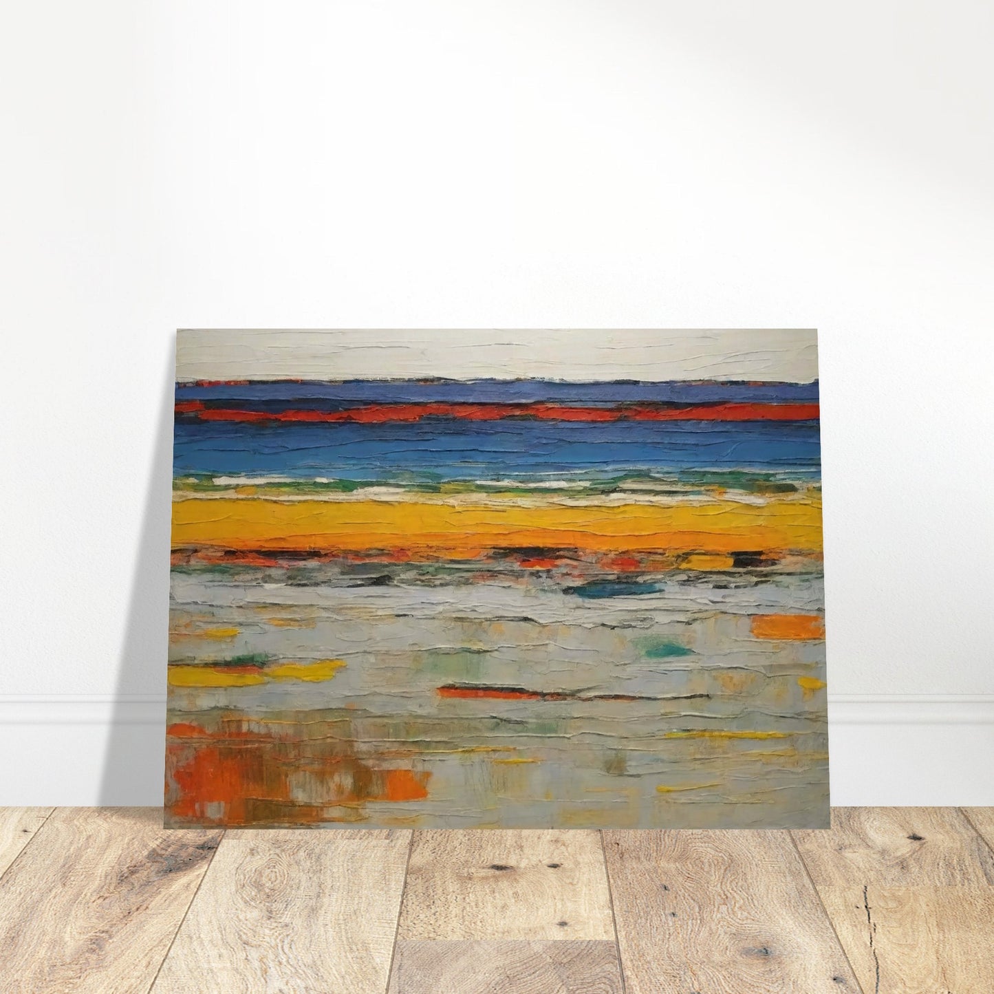 An abstract painting featuring horizontal layers of vibrant colors, including deep blues, bright yellows, and muted grays. The textured brushstrokes create a sense of depth and movement, evoking the appearance of layered landscapes or geological strata.