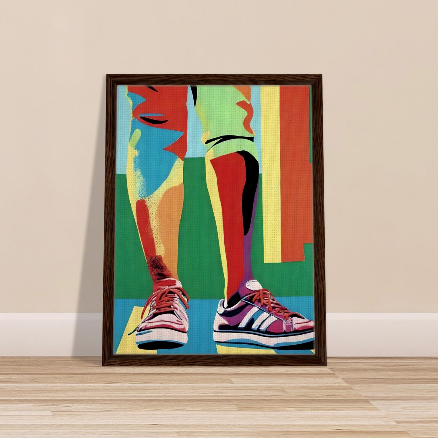 A vibrant painting of legs in colorful pants and bright sneakers, with bold geometric shapes and a playful, modern aesthetic.