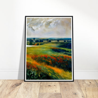 A serene landscape painting of rolling meadows with vibrant wildflowers and distant trees under a dramatic sky.