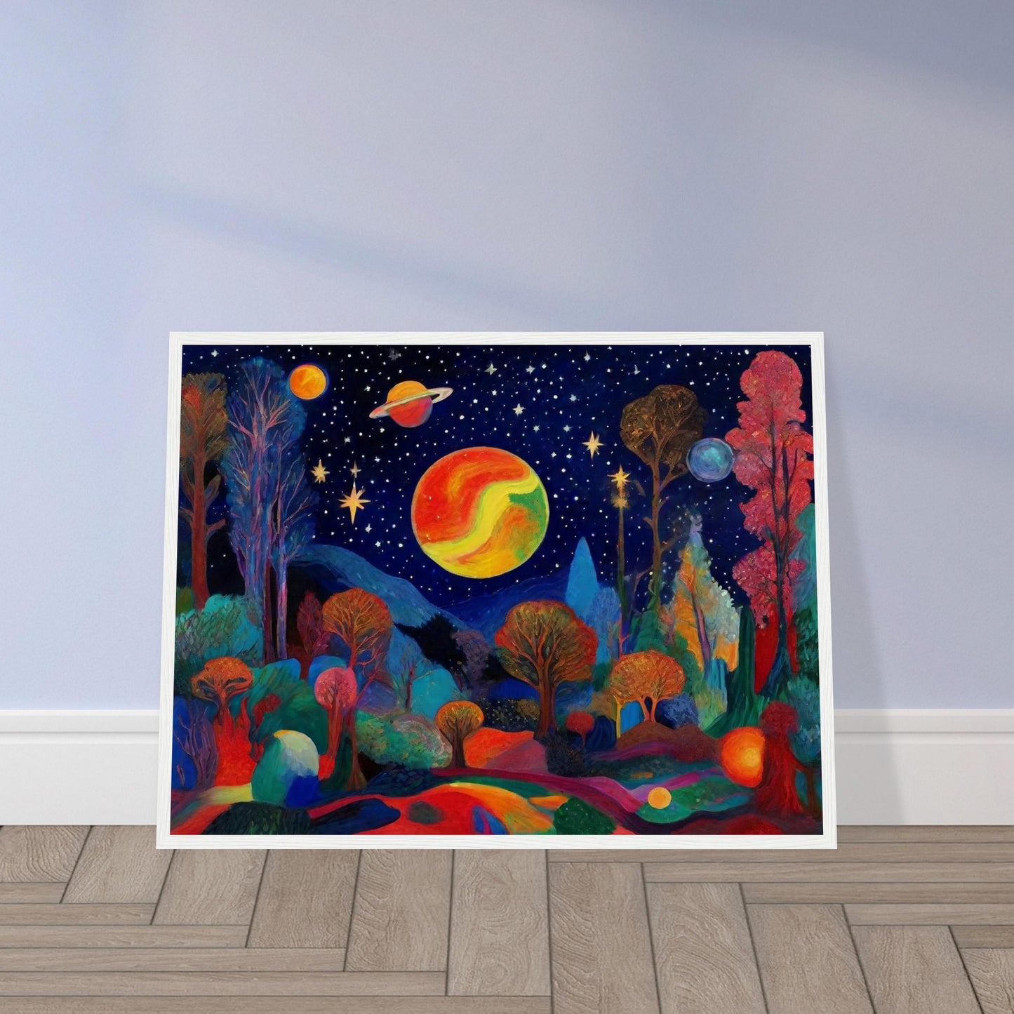 A vibrant landscape featuring trees and planets under a starry sky, with bold, bright colors creating a surreal cosmic scene.