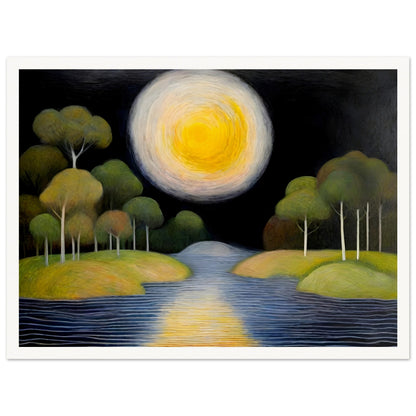 A dreamlike night scene featuring a glowing golden moon over a calm river, surrounded by lush green trees on rolling islands, reflecting a soft celestial light.