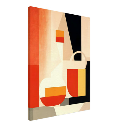 A geometric still-life painting featuring abstract shapes in warm tones of red, orange, yellow, and beige, contrasted with black elements.