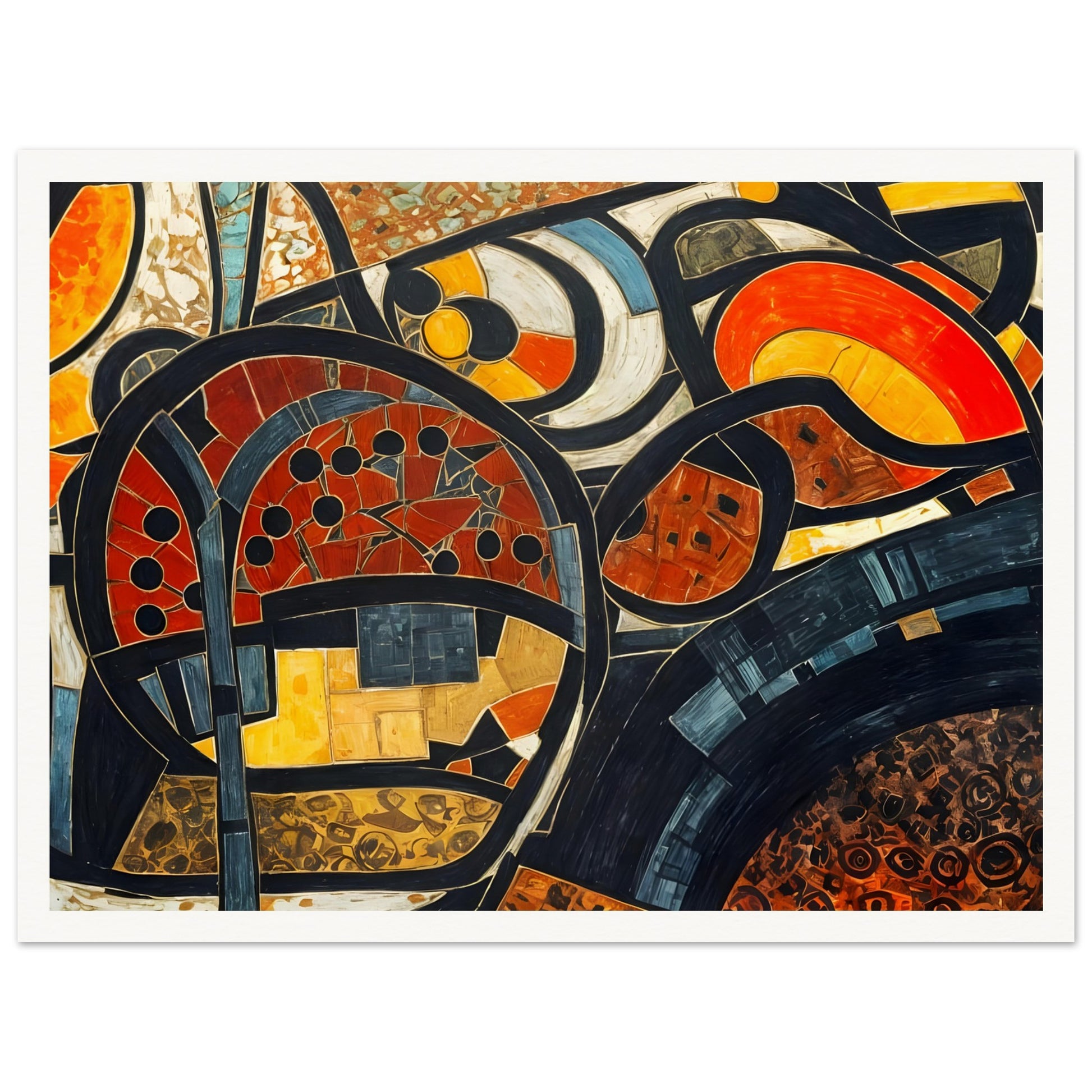 An intricate composition of curved and geometric patterns in deep reds, blues, and golds, evoking a cityscape with organic elements.