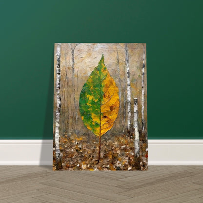 A large leaf, half green and half yellow, stands upright in a birch forest, symbolizing the transition between seasons with soft autumnal tones.