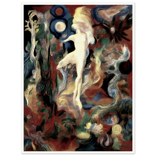 A surreal painting of a glowing figure dancing amidst swirling, vibrant colors and cosmic shapes, evoking a dreamlike atmosphere.