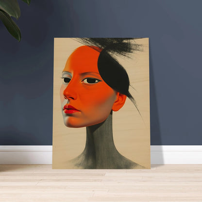 A surreal portrait of a woman with vivid orange skin and intense gaze, blending soft realism with bold graphic contrasts.