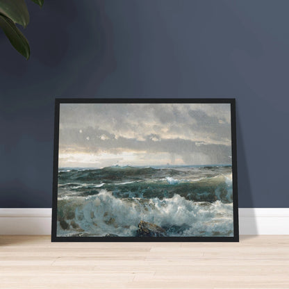 Stormy waves crash over dark rocks beneath heavy gray clouds in a dramatic seascape.