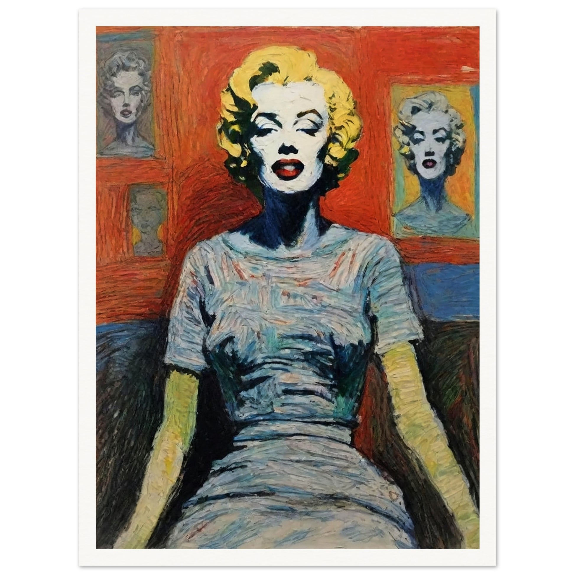 A colorful painting of a woman with blonde hair and vibrant makeup, inspired by the style of Marilyn Monroe.