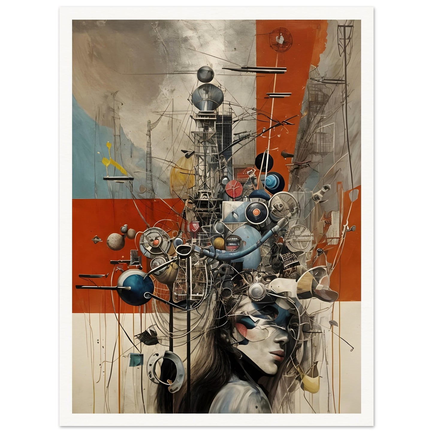 A surreal cybernetic composition featuring a woman's face partially obscured by an intricate network of mechanical parts, wires, and futuristic elements in a dystopian landscape.