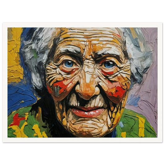 A vivid portrait of an elderly woman with expressive wrinkles and bright blue eyes, capturing the essence of a life well-lived through bold and textured brushstrokes.