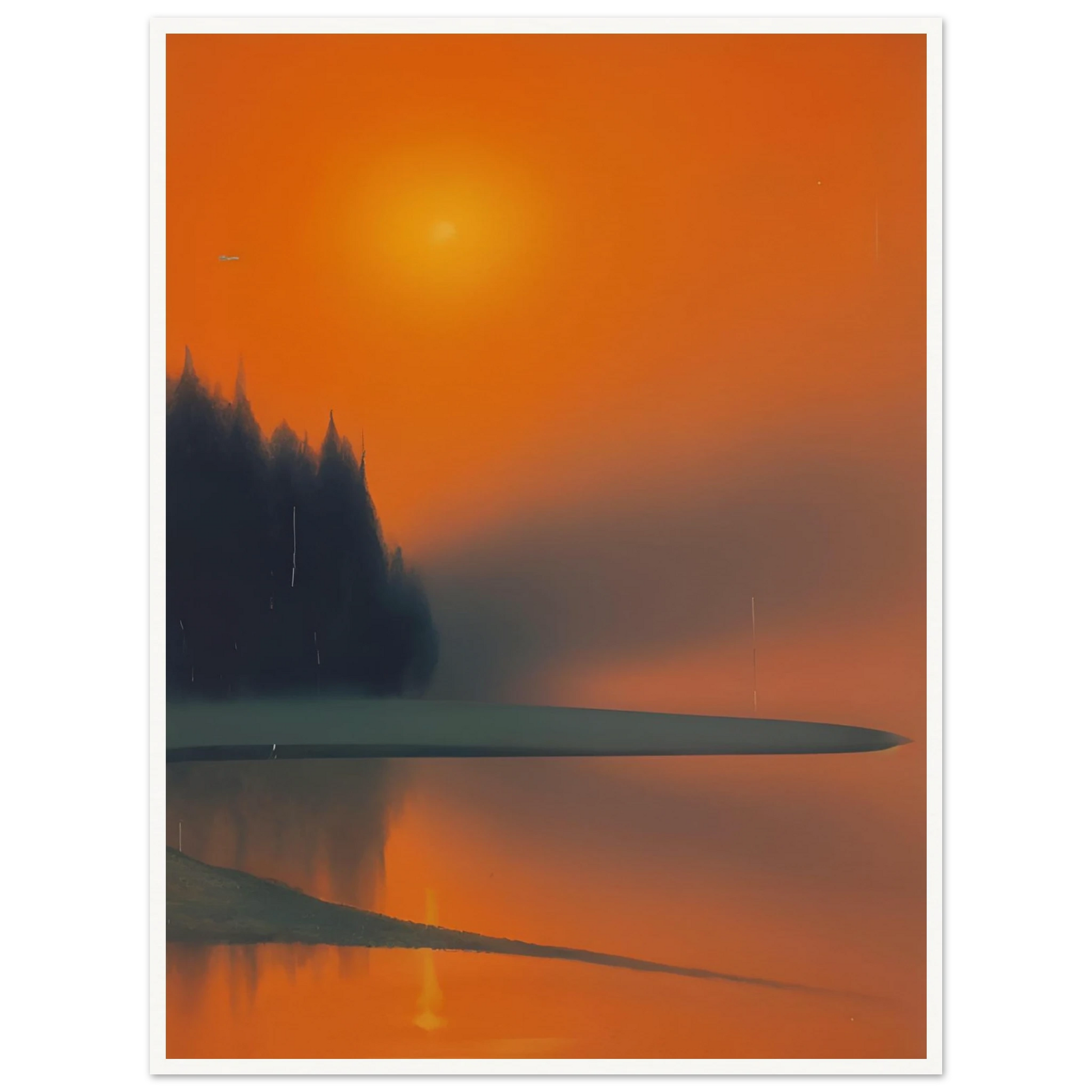 A misty lakeside at sunset, glowing in deep orange and shadowed green tones, evoking quiet beauty and fading warmth.