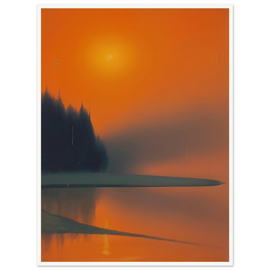 A misty lakeside at sunset, glowing in deep orange and shadowed green tones, evoking quiet beauty and fading warmth.